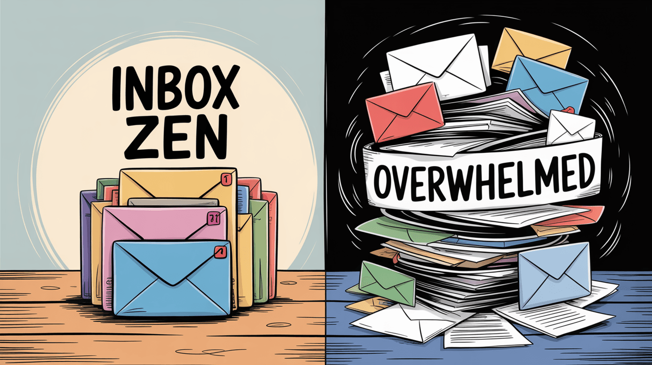 Split comparison showing organized Inbox Zen with neat email stack versus chaotic overwhelmed inbox with swirling email tornado
